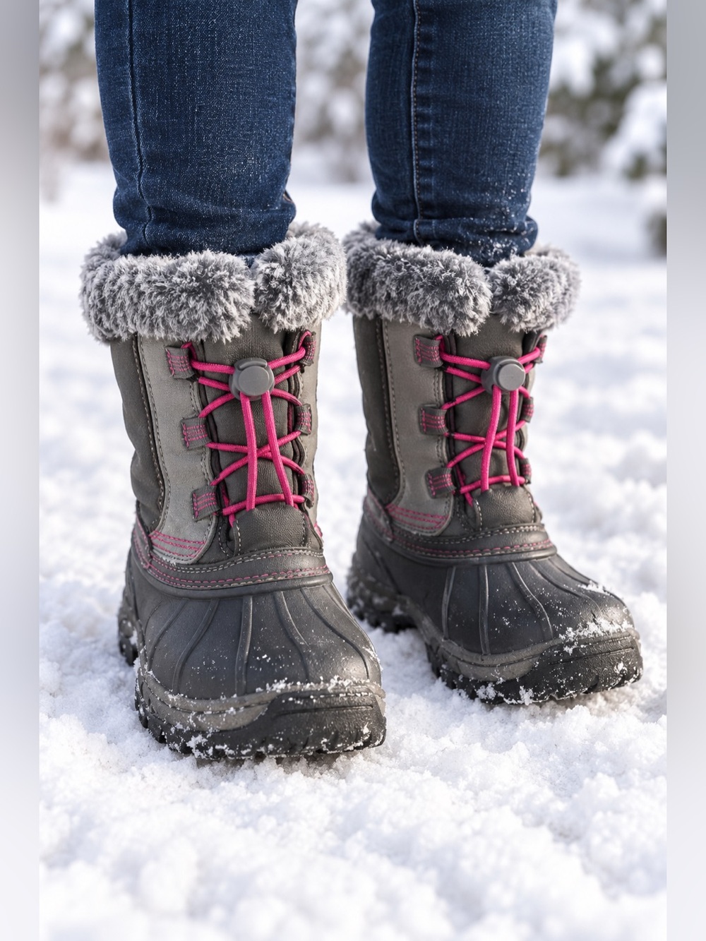Magellan Outdoors Girls 4D Gray Pink Faux Fur Winter Snow Duck Boots